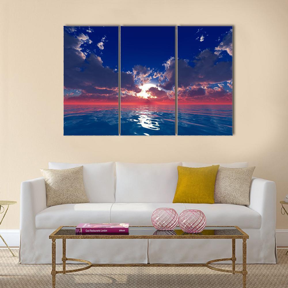 Sun With Rays In Clouds Over Ocean Sunset Canvas Wall Art-3 Horizontal-Gallery Wrap-37" x 24"-Tiaracle