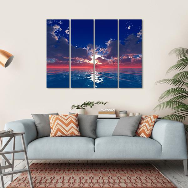 Sun With Rays In Clouds Over Ocean Sunset Canvas Wall Art-4 Horizontal-Gallery Wrap-34" x 24"-Tiaracle