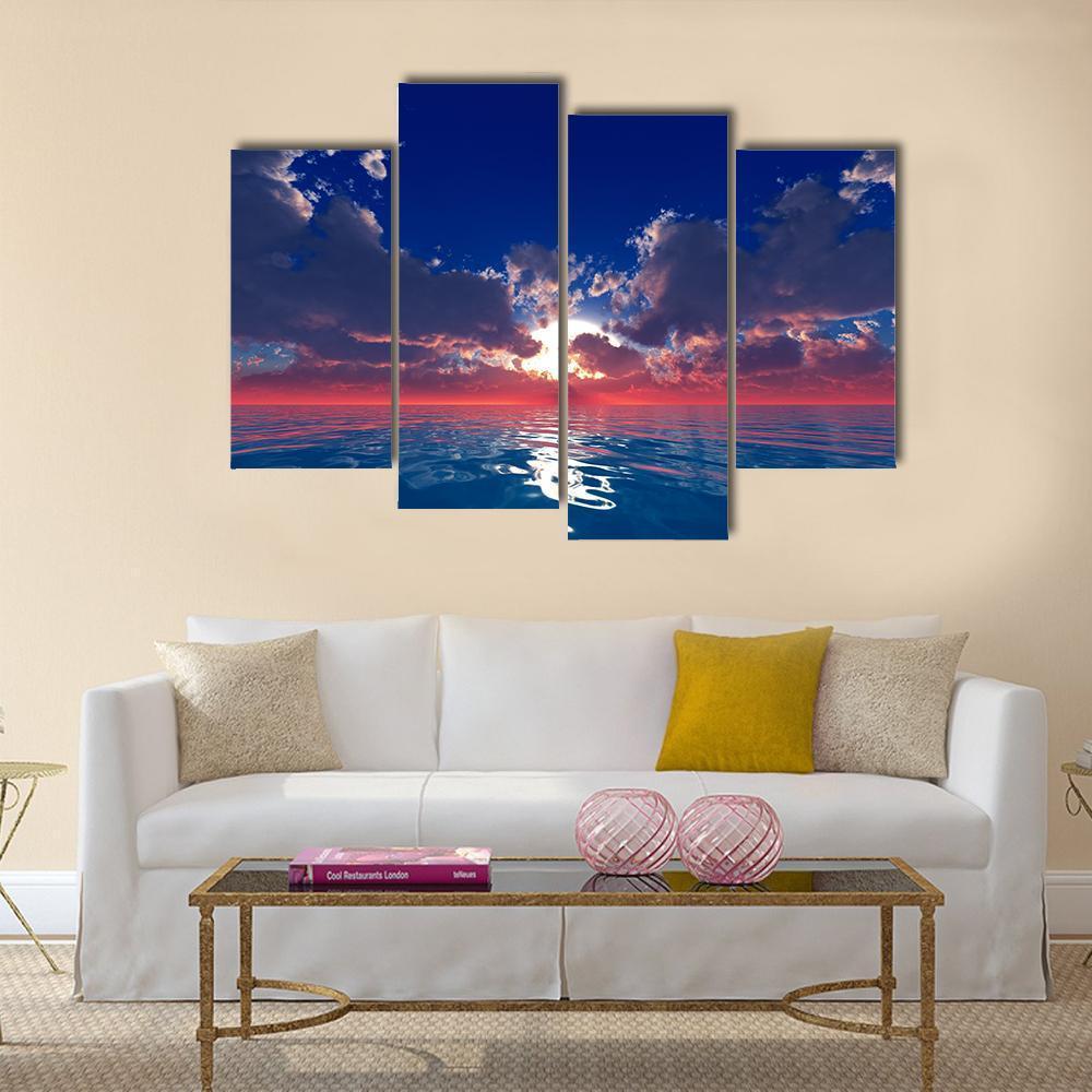 Sun With Rays In Clouds Over Ocean Sunset Canvas Wall Art-4 Pop-Gallery Wrap-50" x 32"-Tiaracle