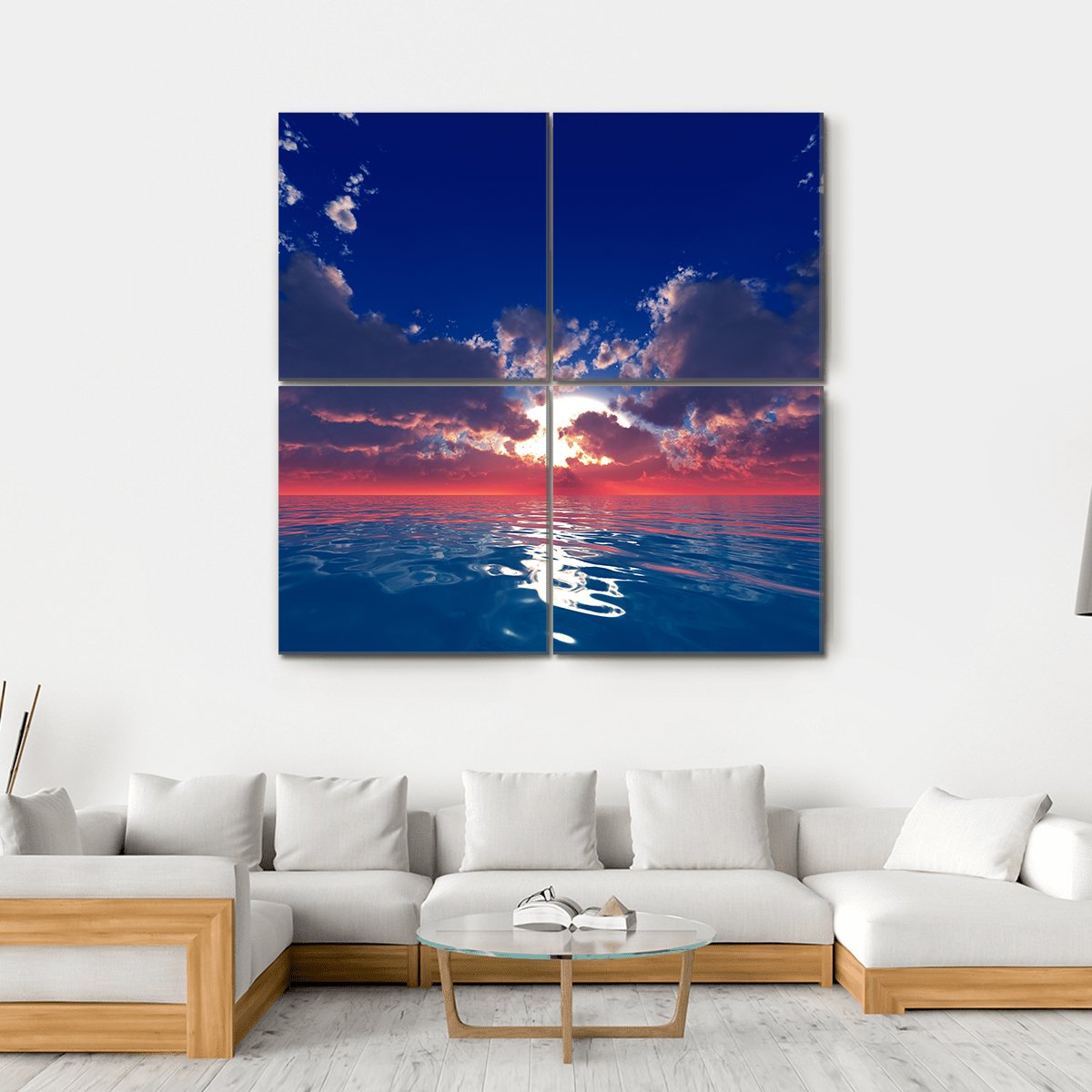 Sun With Rays In Clouds Over Ocean Sunset Canvas Wall Art-4 Square-Gallery Wrap-17" x 17"-Tiaracle