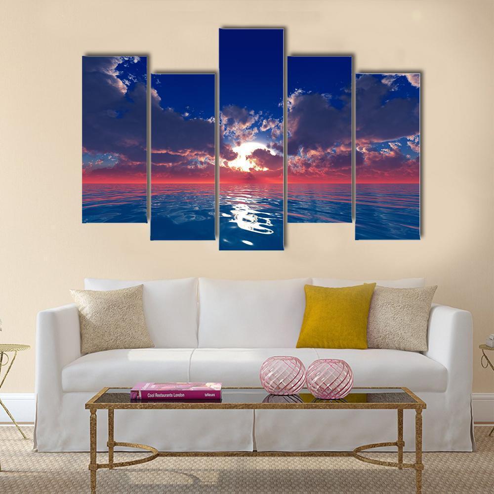 Sun With Rays In Clouds Over Ocean Sunset Canvas Wall Art-5 Pop-Gallery Wrap-47" x 32"-Tiaracle