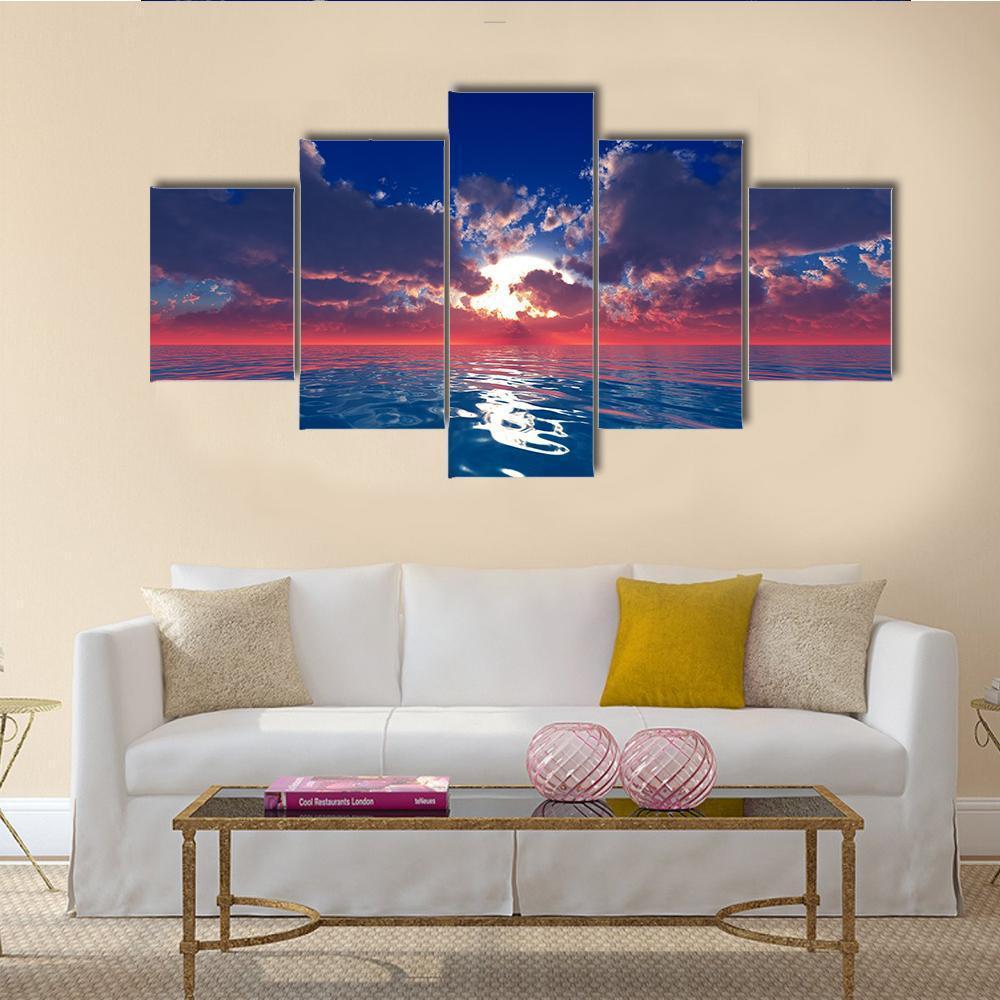 Sun With Rays In Clouds Over Ocean Sunset Canvas Wall Art-5 Star-Gallery Wrap-62" x 32"-Tiaracle