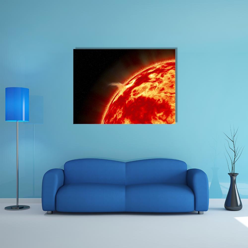 Close-up Sun with Fiery Solar Flare Canvas Wall Art in black, red and orange, single panel hung on a wall