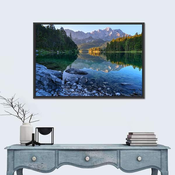 Sundown On Mountain Lake Eibsee Canvas Wall Art-1 Piece-Floating Frame-24" x 16"-Tiaracle