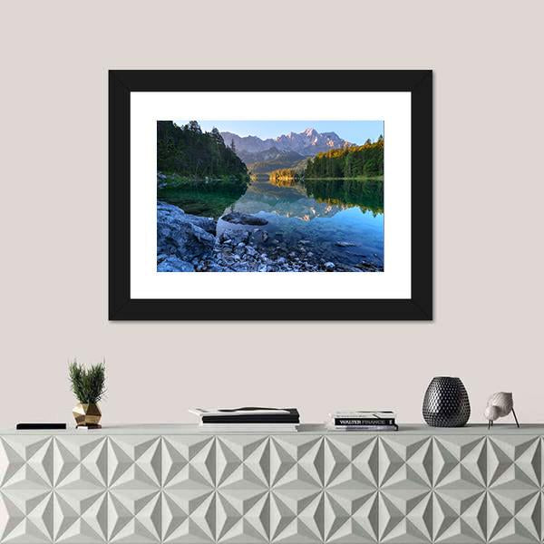Sundown On Mountain Lake Eibsee Canvas Wall Art-1 Piece-Framed Print-20" x 16"-Tiaracle