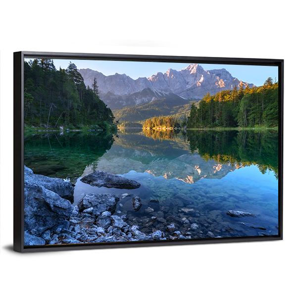Sundown On Mountain Lake Eibsee Canvas Wall Art-3 Horizontal-Gallery Wrap-25" x 16"-Tiaracle