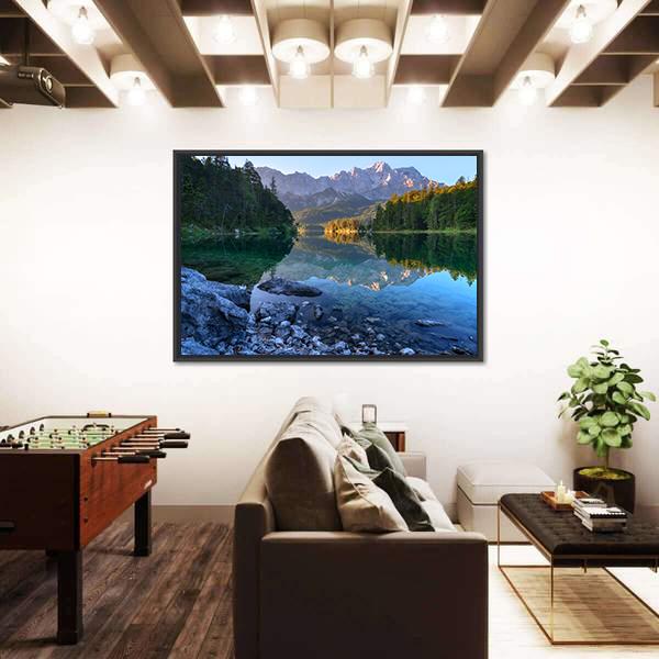 Sundown On Mountain Lake Eibsee Canvas Wall Art-3 Horizontal-Gallery Wrap-25" x 16"-Tiaracle