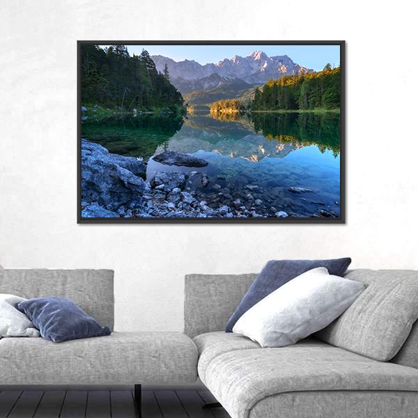 Sundown On Mountain Lake Eibsee Canvas Wall Art-3 Horizontal-Gallery Wrap-25" x 16"-Tiaracle