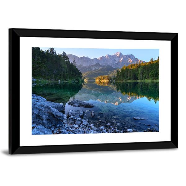 Sundown On Mountain Lake Eibsee Canvas Wall Art-3 Horizontal-Gallery Wrap-25" x 16"-Tiaracle