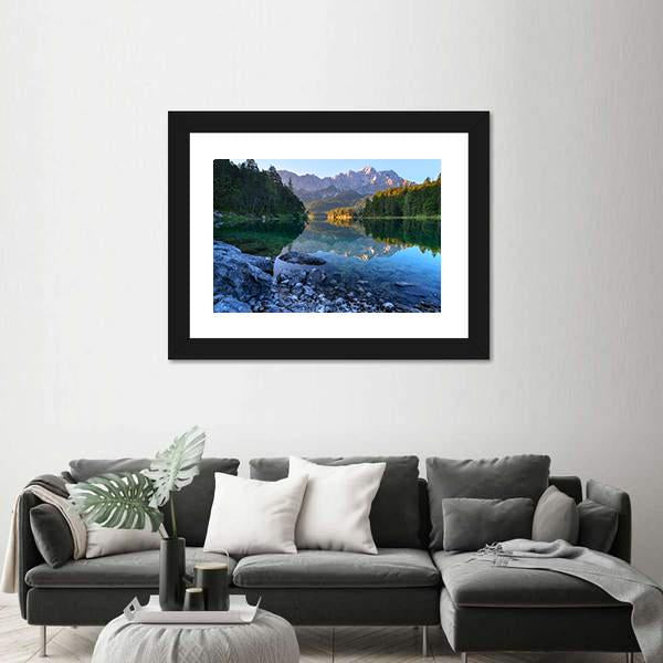 Sundown On Mountain Lake Eibsee Canvas Wall Art-3 Horizontal-Gallery Wrap-25" x 16"-Tiaracle