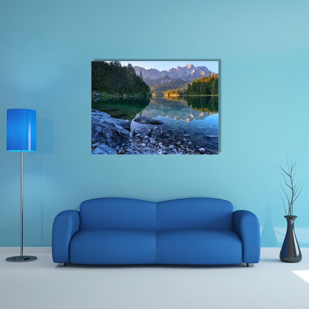 Sundown On Mountain Lake Eibsee Canvas Wall Art-1 Piece-Gallery Wrap-48" x 32"-Tiaracle