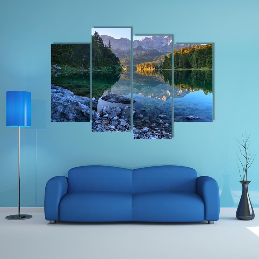 Sundown On Mountain Lake Eibsee Canvas Wall Art-4 Pop-Gallery Wrap-50" x 32"-Tiaracle