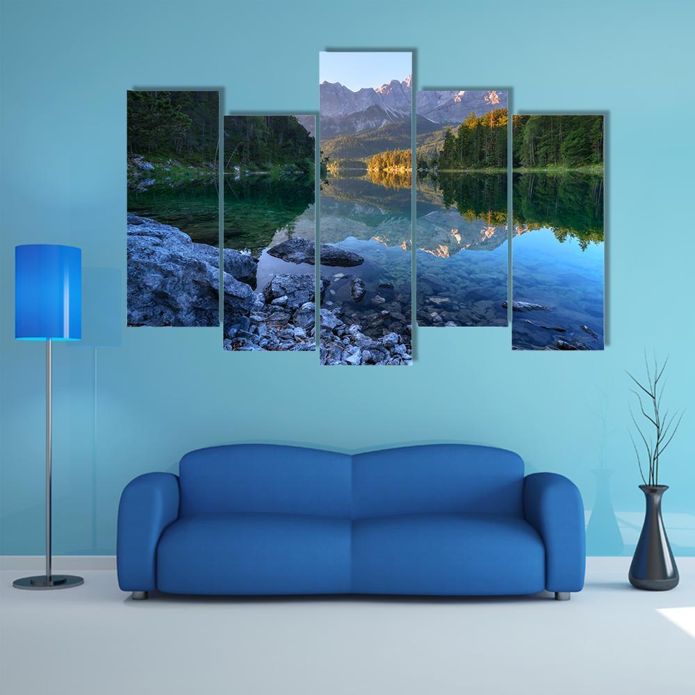 Sundown On Mountain Lake Eibsee Canvas Wall Art-5 Pop-Gallery Wrap-47" x 32"-Tiaracle