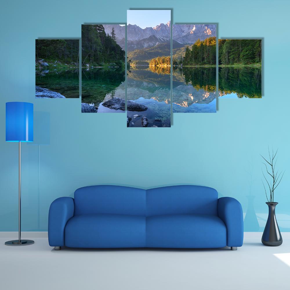 Sundown On Mountain Lake Eibsee Canvas Wall Art-5 Star-Gallery Wrap-62" x 32"-Tiaracle