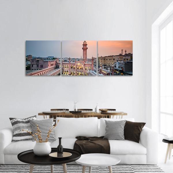 Sunehri Masjid in Peshawar at Sunset Panoramic Canvas Wall Art in beige, orange and blue, hung on a wall