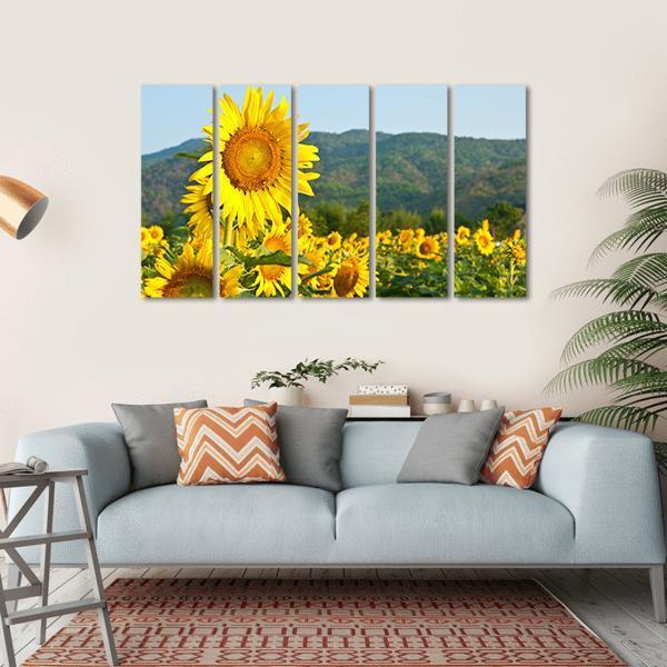 Sunflower Field And Green Mountains Canvas Wall Art-5 Horizontal-Gallery Wrap-22" x 12"-Tiaracle