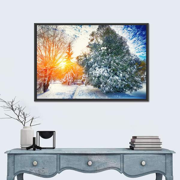Sunlight Breaks Through The Pine Trees In Winter Canvas Wall Art-1 Piece-Floating Frame-24" x 16"-Tiaracle