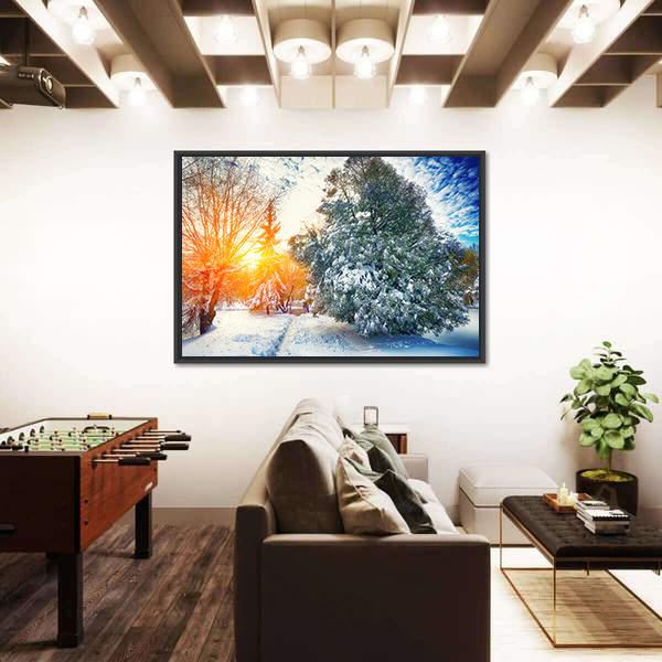 Sunlight Breaks Through The Pine Trees In Winter Canvas Wall Art-3 Horizontal-Gallery Wrap-25" x 16"-Tiaracle