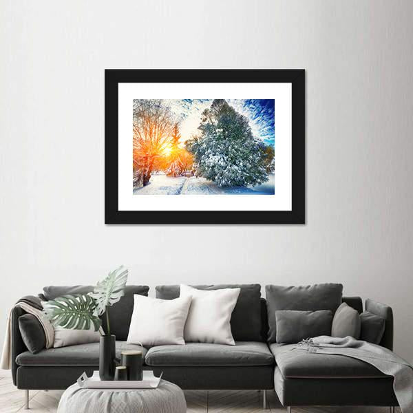 Sunlight Breaks Through The Pine Trees In Winter Canvas Wall Art-3 Horizontal-Gallery Wrap-25" x 16"-Tiaracle