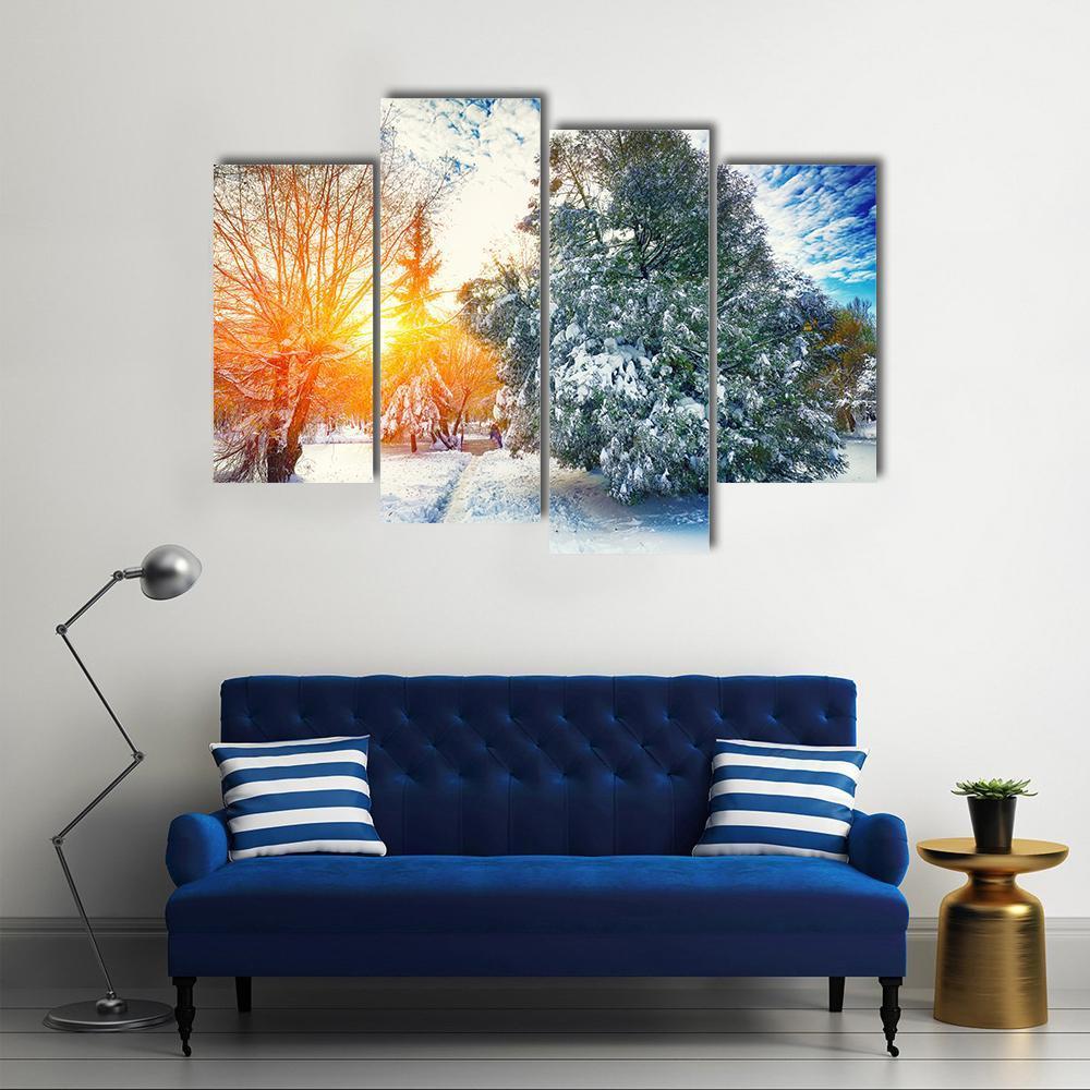 Sunlight Breaks Through The Pine Trees In Winter Canvas Wall Art-4 Pop-Gallery Wrap-50" x 32"-Tiaracle