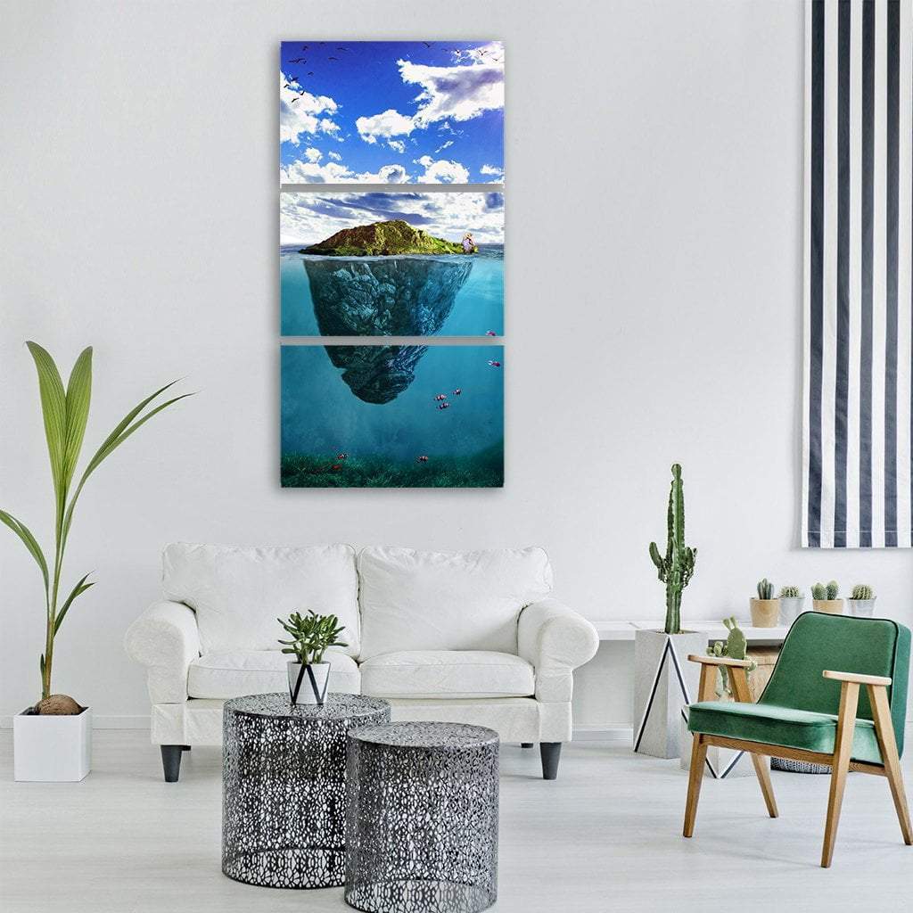 Surreal Split-view Island with Fish and Birds Vertical Canvas Wall Art in white, green and blue, single vertical panel hung on a wall