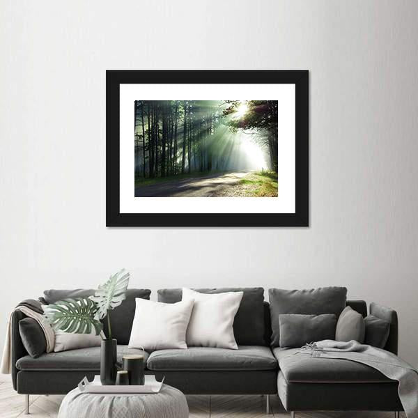 Sunlight Rays On The Forest Road Canvas Wall Art-3 Horizontal-Gallery Wrap-25&quot; x 16&quot;-Tiaracle