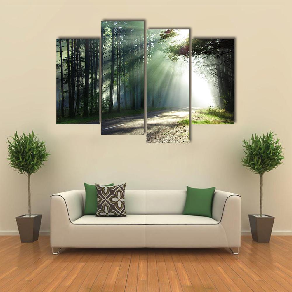 Sunlight Rays On The Forest Road Canvas Wall Art-4 Pop-Gallery Wrap-50&quot; x 32&quot;-Tiaracle