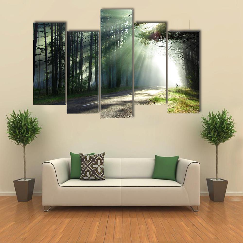 Sunlight Rays On The Forest Road Canvas Wall Art-5 Pop-Gallery Wrap-47&quot; x 32&quot;-Tiaracle