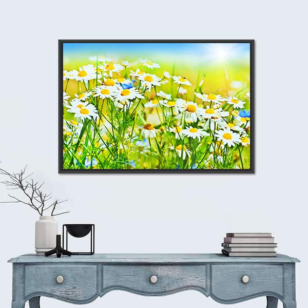 Sunny Daisy Field Canvas Wall Art-1 Piece-Floating Frame-24" x 16"-Tiaracle