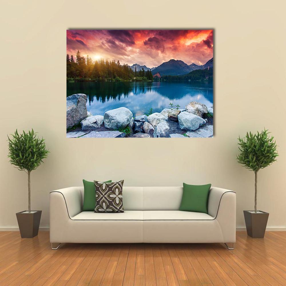 Tatra Dramatic Overcast Canvas Wall Art in gray, orange and blue, single panel hung on a wall