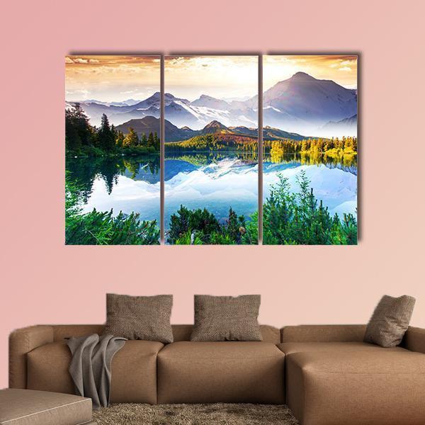 Sunny Day In Mountain & Lake Canvas Wall Art-3 Horizontal-Gallery Wrap-37" x 24"-Tiaracle