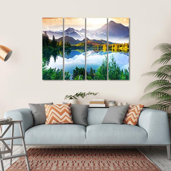 Sunny Day In Mountain &amp; Lake Canvas Wall Art-4 Horizontal-Gallery Wrap-34" x 24"-Tiaracle