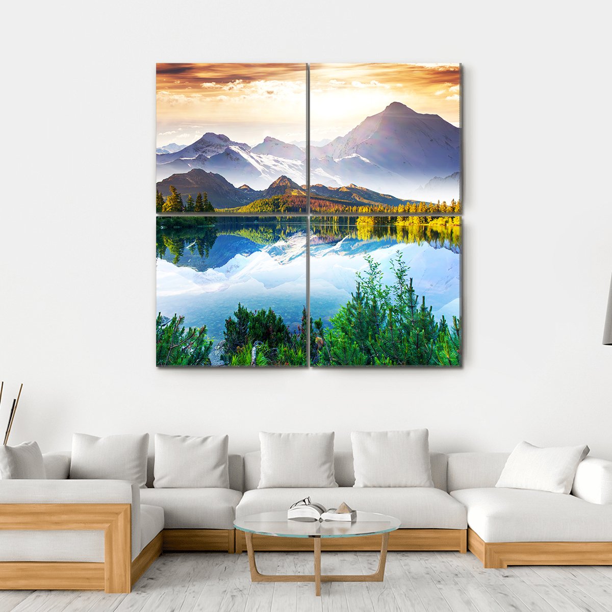 Sunny Day In Mountain &amp; Lake Canvas Wall Art-4 Square-Gallery Wrap-17" x 17"-Tiaracle