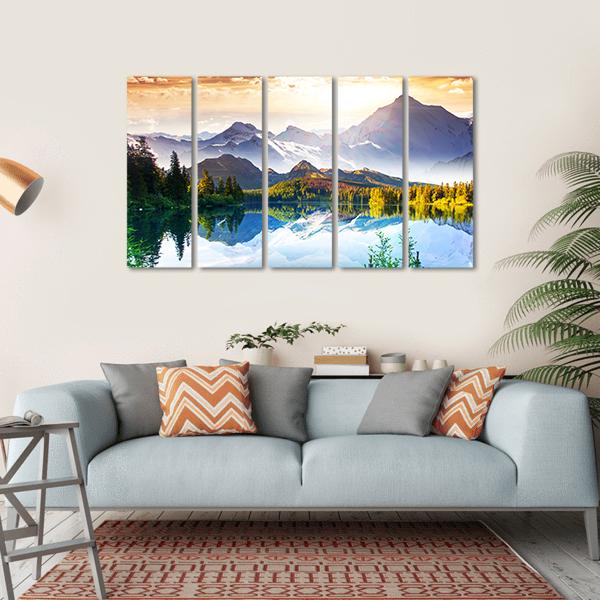 Sunny Day In Mountain &amp; Lake Canvas Wall Art-5 Horizontal-Gallery Wrap-22" x 12"-Tiaracle