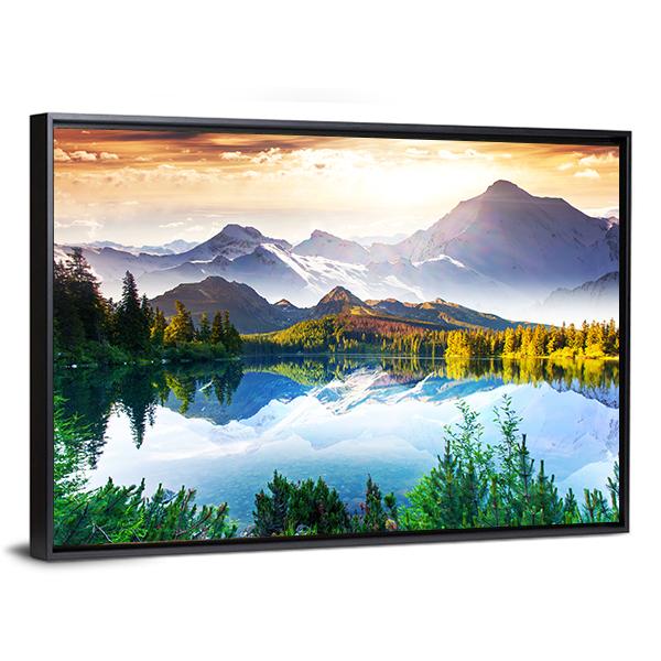 Sunny Day In Mountain & Lake Canvas Wall Art-3 Horizontal-Gallery Wrap-25" x 16"-Tiaracle
