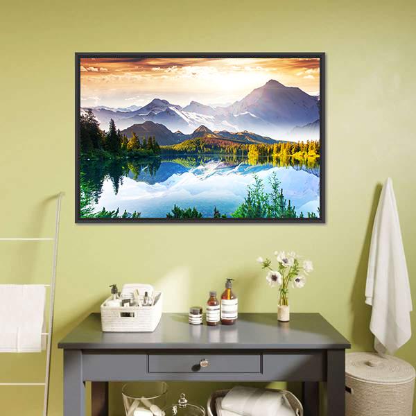 Sunny Day In Mountain & Lake Canvas Wall Art-1 Piece-Floating Frame-24" x 16"-Tiaracle