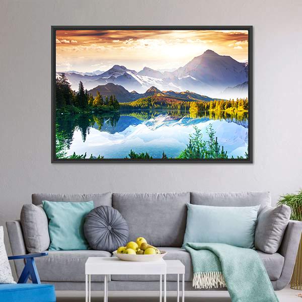 Sunny Day In Mountain & Lake Canvas Wall Art-3 Horizontal-Gallery Wrap-25" x 16"-Tiaracle