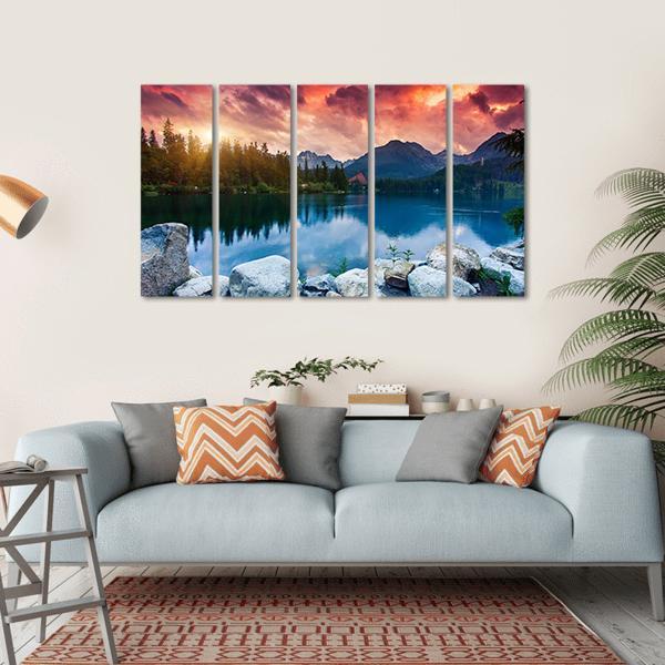 Sunny Day In Mountain Lake Canvas Wall Art-5 Horizontal-Gallery Wrap-22" x 12"-Tiaracle