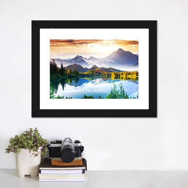 Sunny Day In Mountain &amp; Lake Canvas Wall Art-1 Piece-Framed Print-20" x 16"-Tiaracle