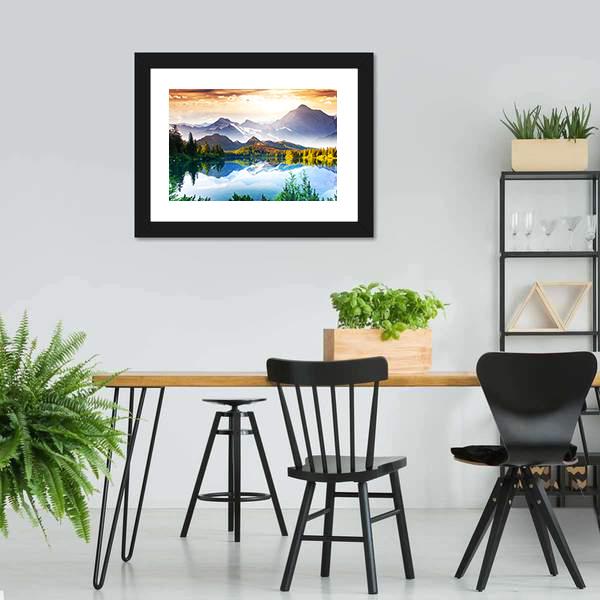 Sunny Day In Mountain & Lake Canvas Wall Art-3 Horizontal-Gallery Wrap-25" x 16"-Tiaracle