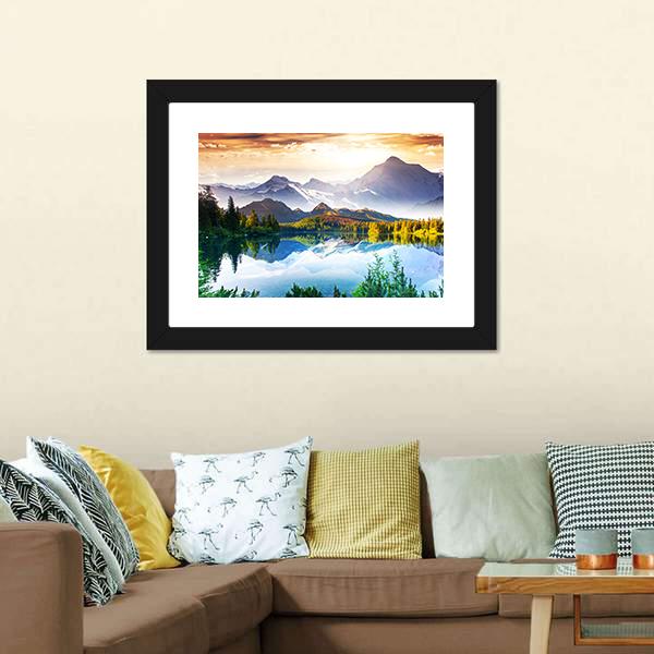 Sunny Day In Mountain & Lake Canvas Wall Art-3 Horizontal-Gallery Wrap-25" x 16"-Tiaracle