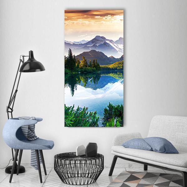 Sunny Day In Mountain &amp; Lake Vertical Canvas Wall Art-1 Vertical-Gallery Wrap-12" x 24"-Tiaracle