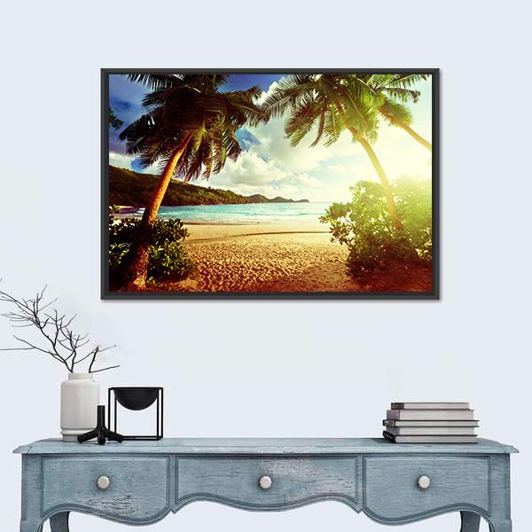 Sunny Day On Green Beach Canvas Wall Art-1 Piece-Floating Frame-24" x 16"-Tiaracle
