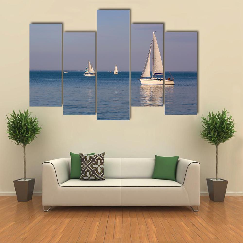 Sunny Day On Lake Balaton With Sailboats Canvas Wall Art-5 Pop-Gallery Wrap-47&quot; x 32&quot;-Tiaracle