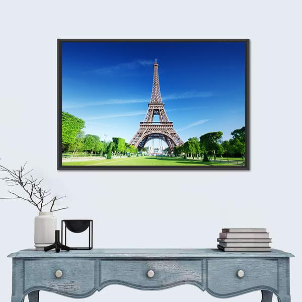 Sunny Morning and Eiffel Tower Canvas Wall Art in brown, green and blue, framed canvas, product view on a white background