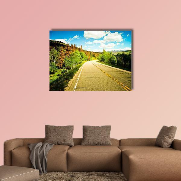 Sunny Road Among Trees With Colorful Leaves Canvas Wall Art-4 Horizontal-Gallery Wrap-34" x 24"-Tiaracle