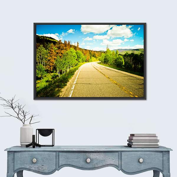Sunny Road Among Trees With Colorful Leaves Canvas Wall Art-1 Piece-Floating Frame-24" x 16"-Tiaracle