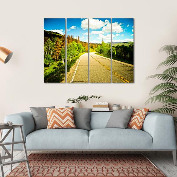 Sunny Road Among Trees With Colorful Leaves Canvas Wall Art-4 Horizontal-Gallery Wrap-34" x 24"-Tiaracle