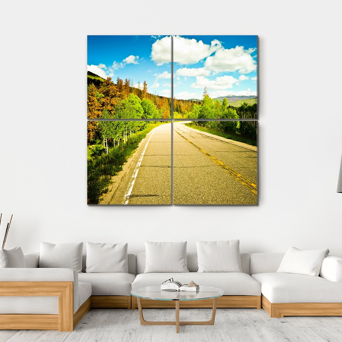 Sunny Road Among Trees With Colorful Leaves Canvas Wall Art-4 Square-Gallery Wrap-17" x 17"-Tiaracle