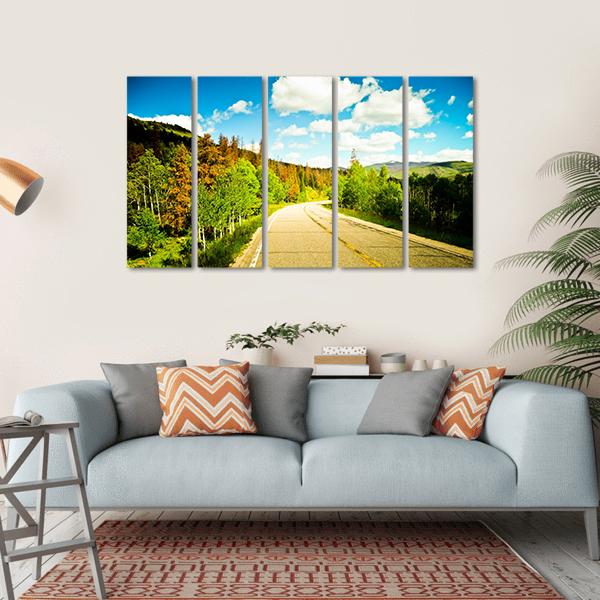 Sunny Road Among Trees With Colorful Leaves Canvas Wall Art-5 Horizontal-Gallery Wrap-22" x 12"-Tiaracle